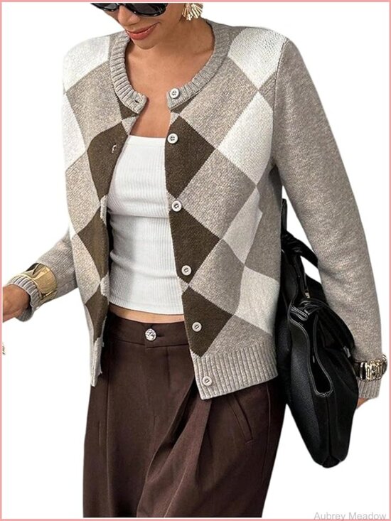 Sweaters - Argyle Plaid Cardigan Sweater Button Down Long Sleeve Crew Neck